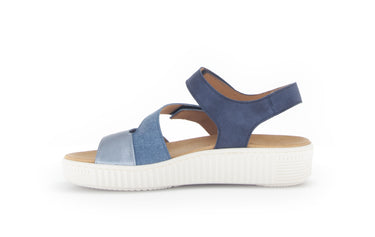Sandales bleues en cuirs et textiles combinés